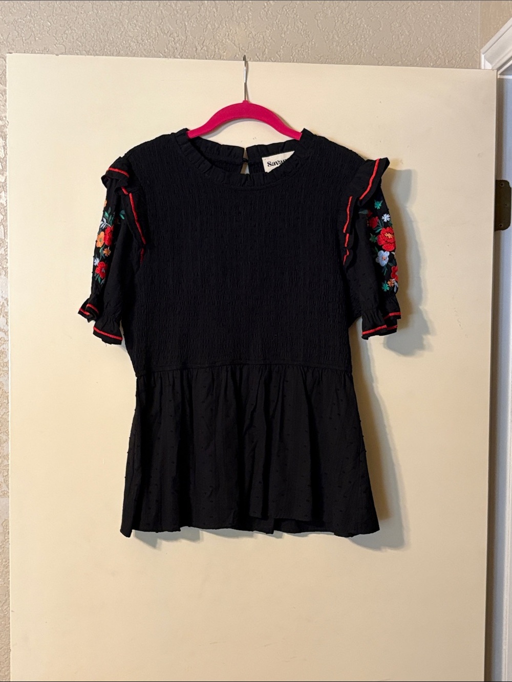 Savanna Jane Black Peplum Top with Multicolor Floral Embroidered Sleeves
